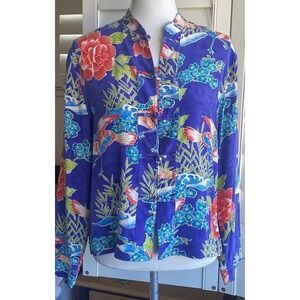 Chico's M 100% Silk Crane Jacket Chinoiserie Mandarin Frog Closure Asian Blouse